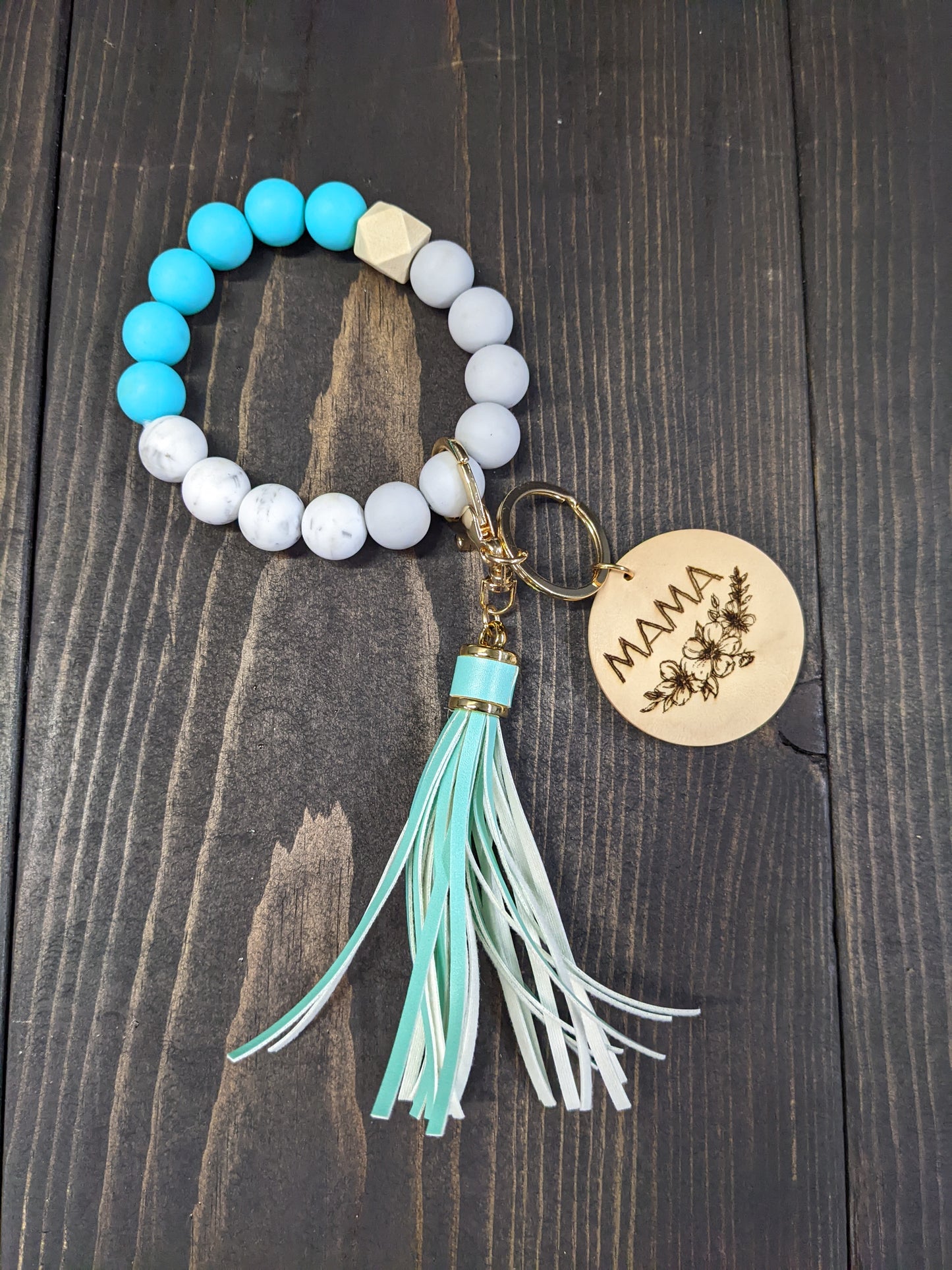 Key Chain wristlet- Light Blue Marble and blue tassels w/ MAMA engraved wood disk