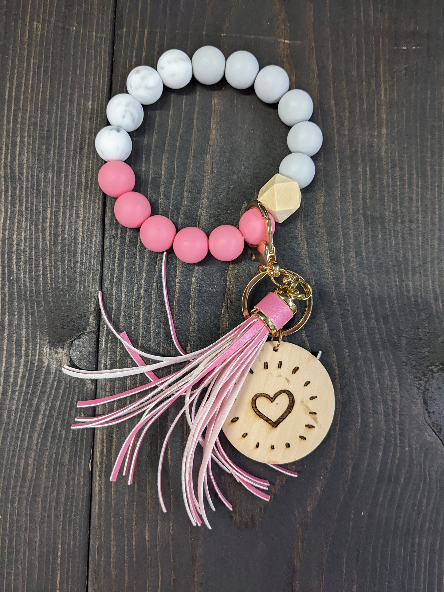 Key Chain wristlet- pink and grey with pink tassels with wood heart engraving
