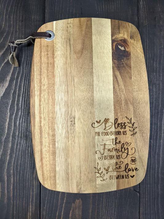 Cutting board with leather handle- "Bless the food"